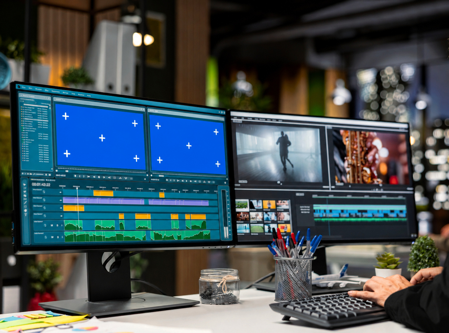 Postproduction-Arbeitsplatz mit Editing- und Compositing-Oberflächen