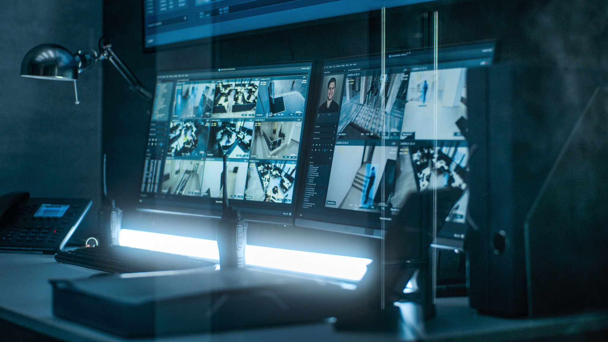 Monitoring- und Überwachungsraum mit mehreren Screens und Kamerabildern